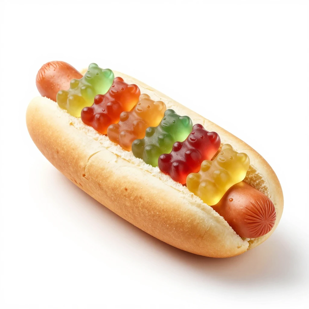 A hot dog in a bun topped with colorful gummy bears, isolate...