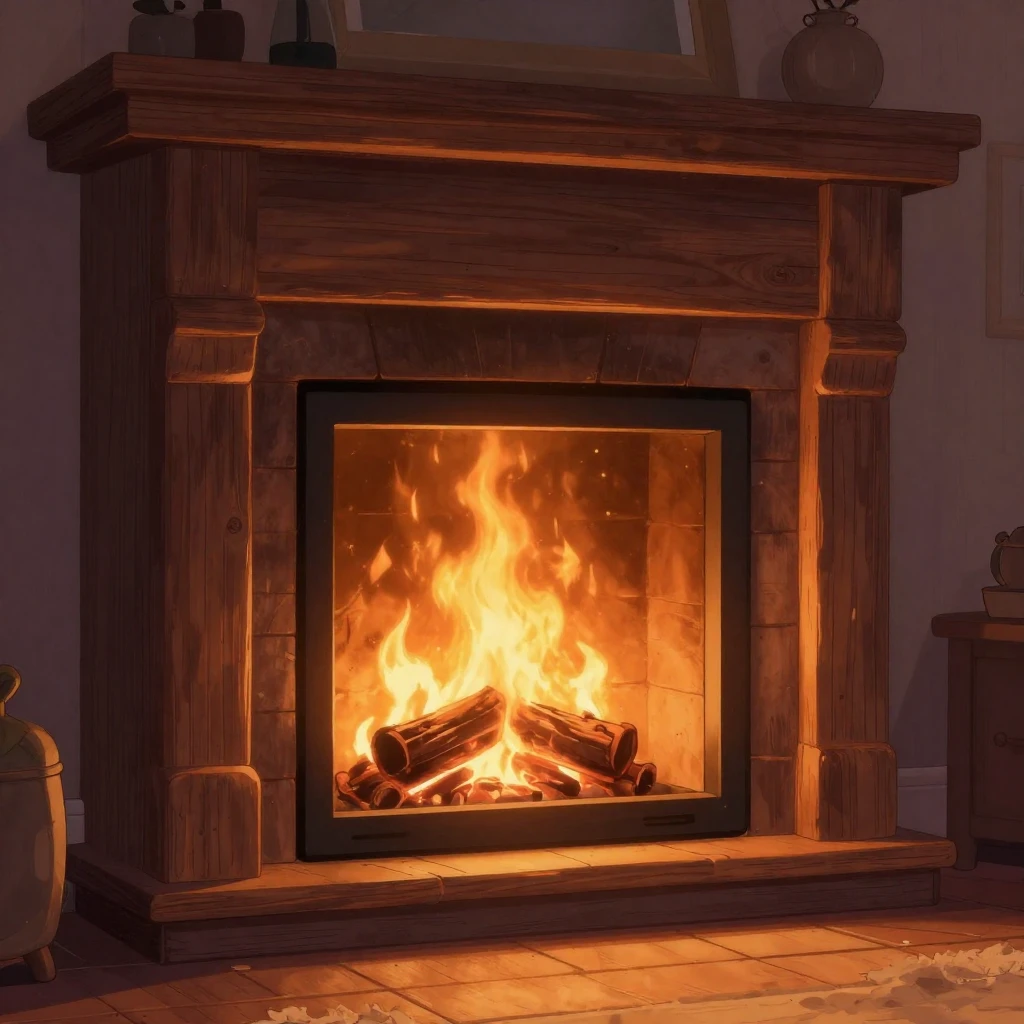 An artistic illustration focusing on a warm fireplace, its f...