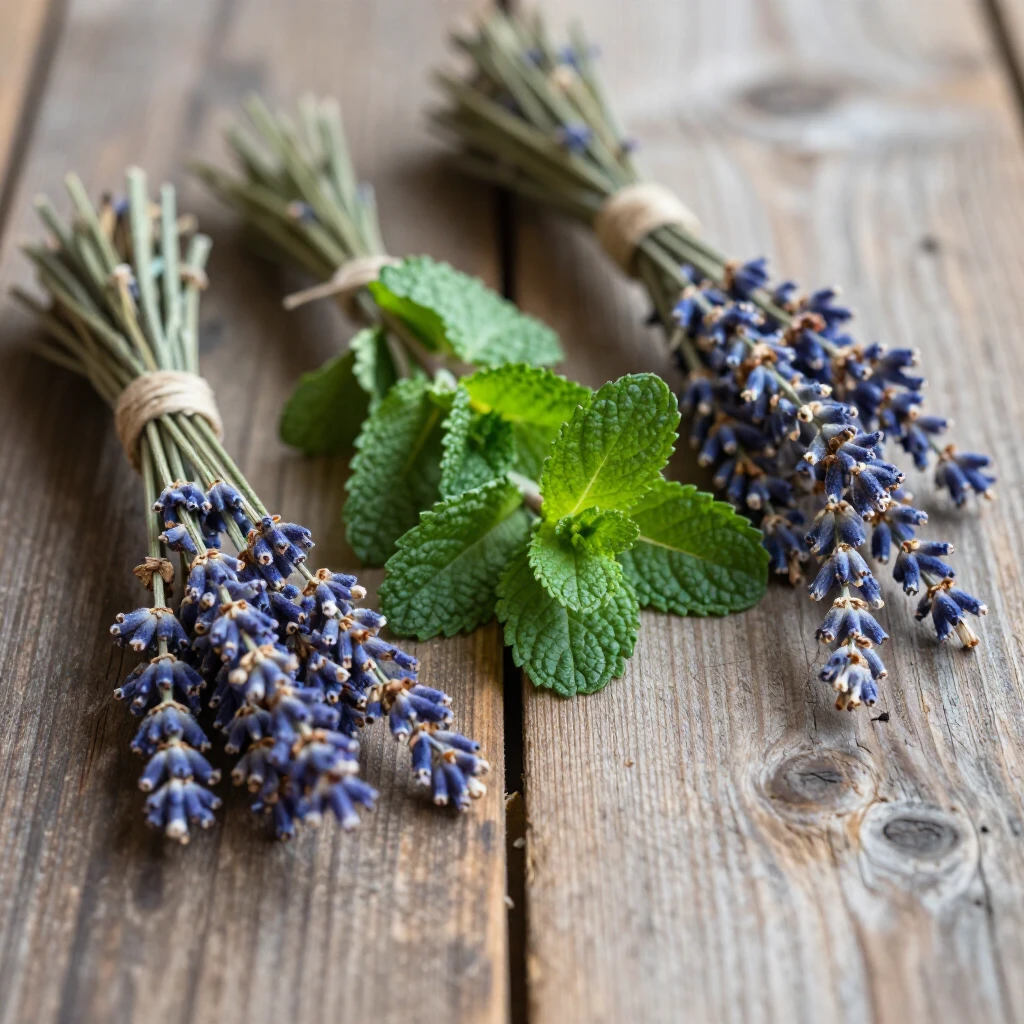 Bundles of dried lavender and fresh mint leaves arranged art...