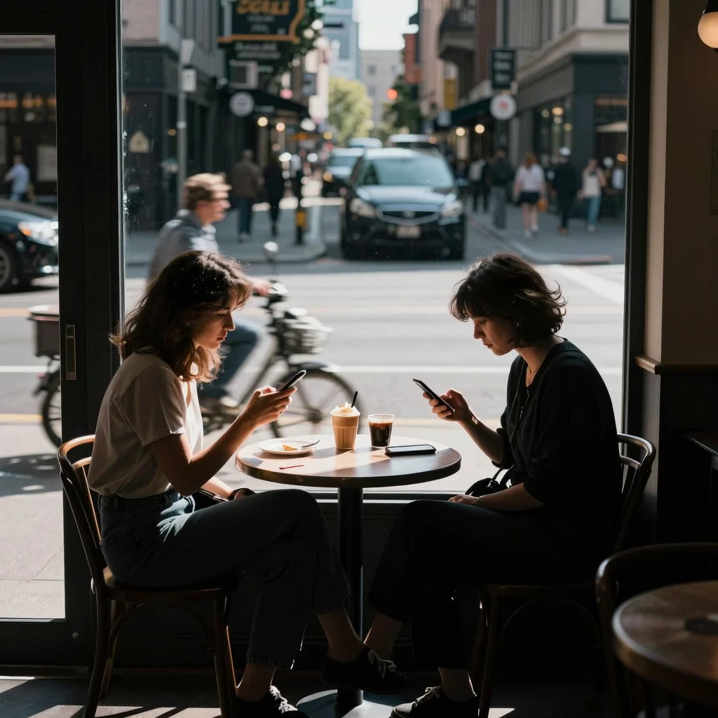 A high-contrast street scene at noon. A lonely woman sitting...