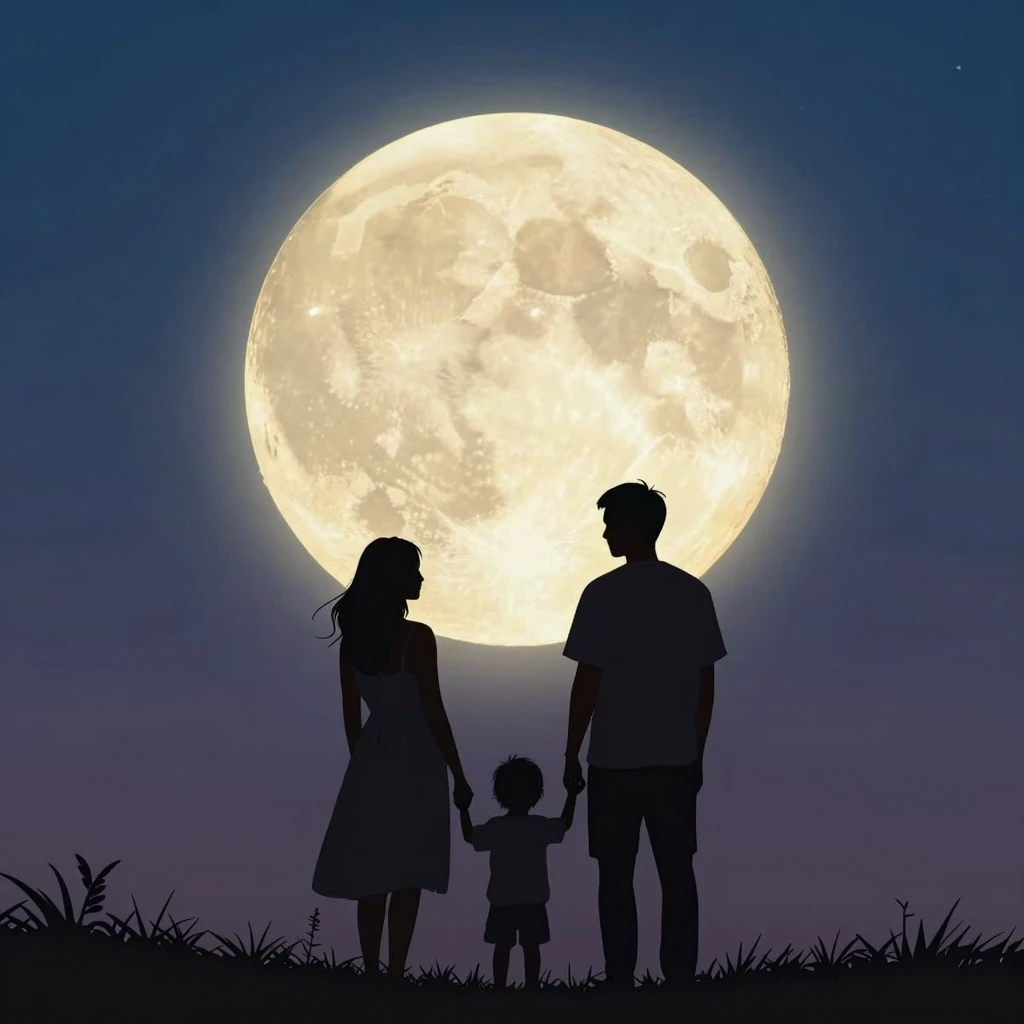 Stylized silhouettes of a couple and a small child under a l...