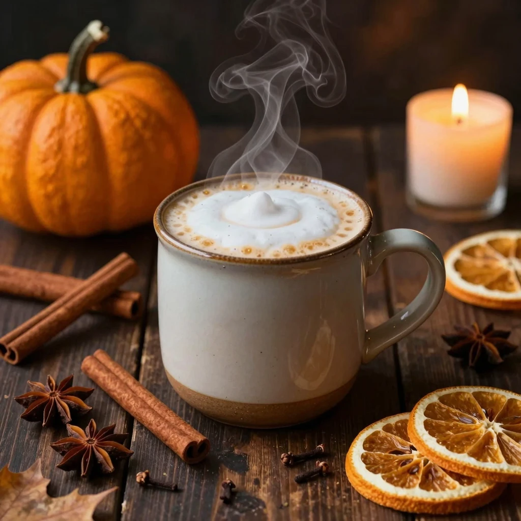 A steaming ceramic mug of pumpkin latte with creamy foam on ...