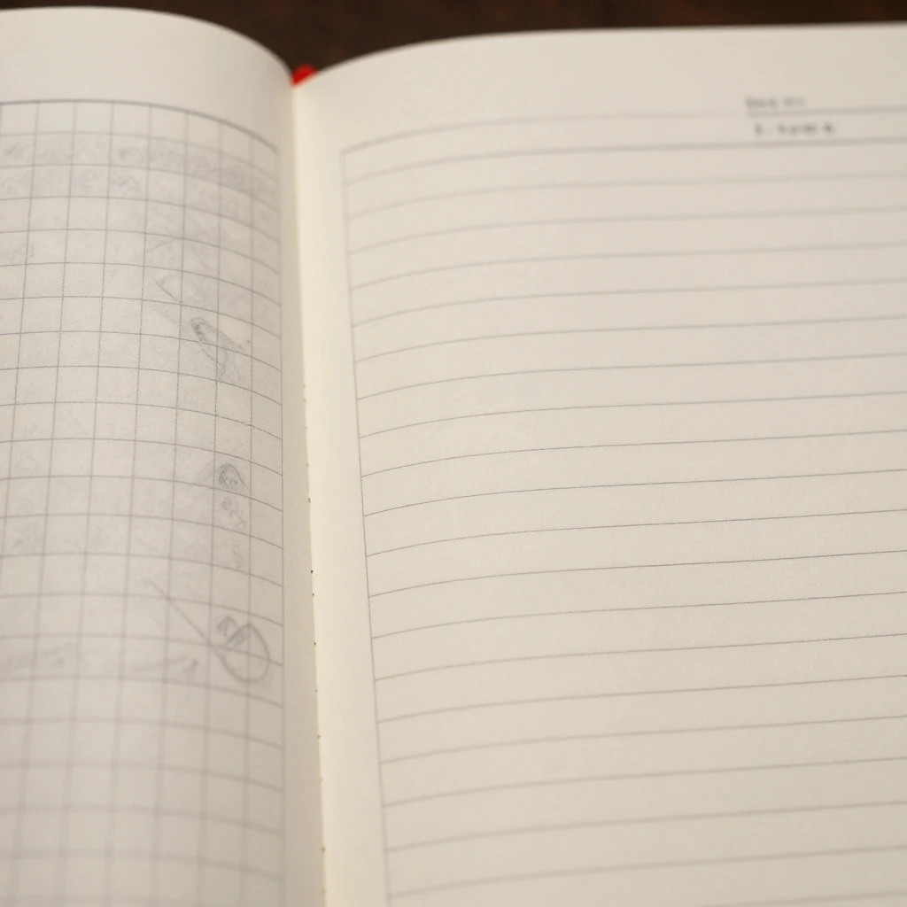 A close-up of a notebook page with grid lines on one side an...