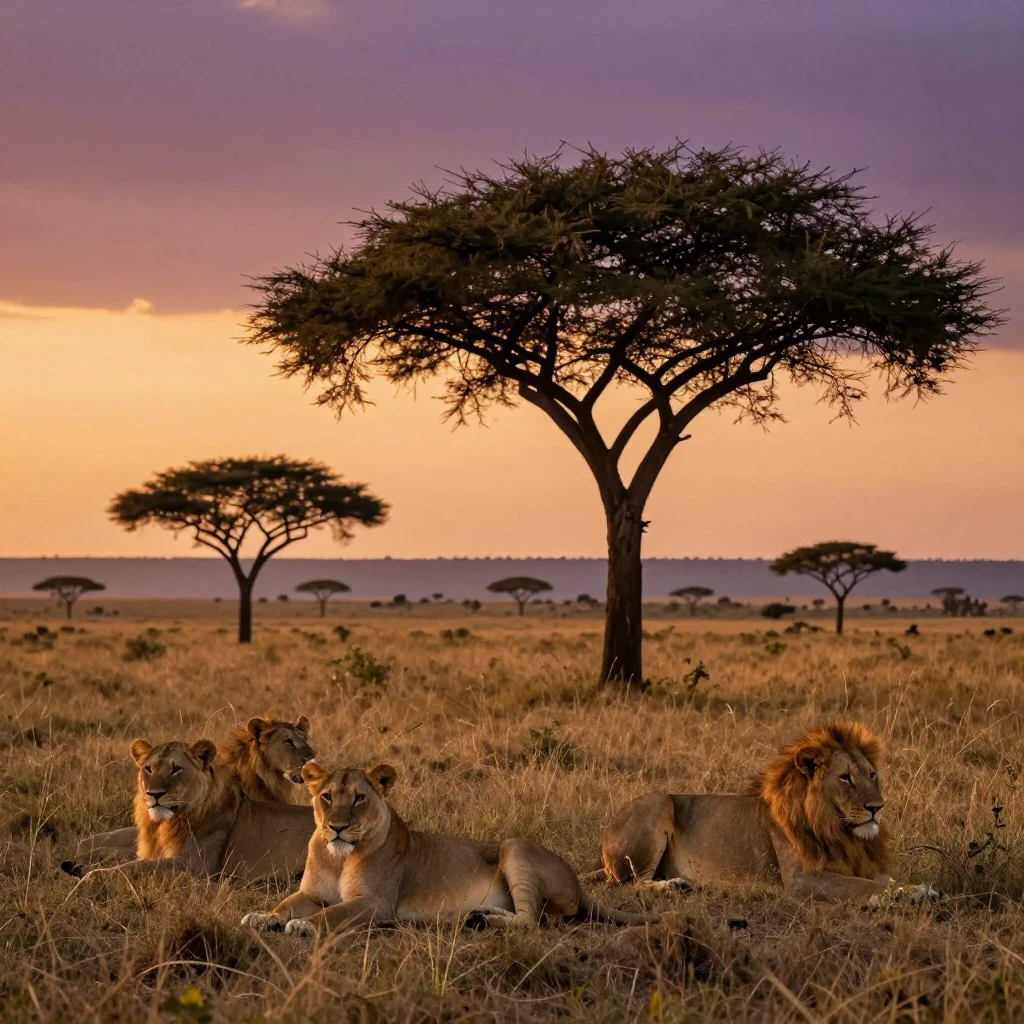 African savannah wildlife scene with lion pride resting on g...