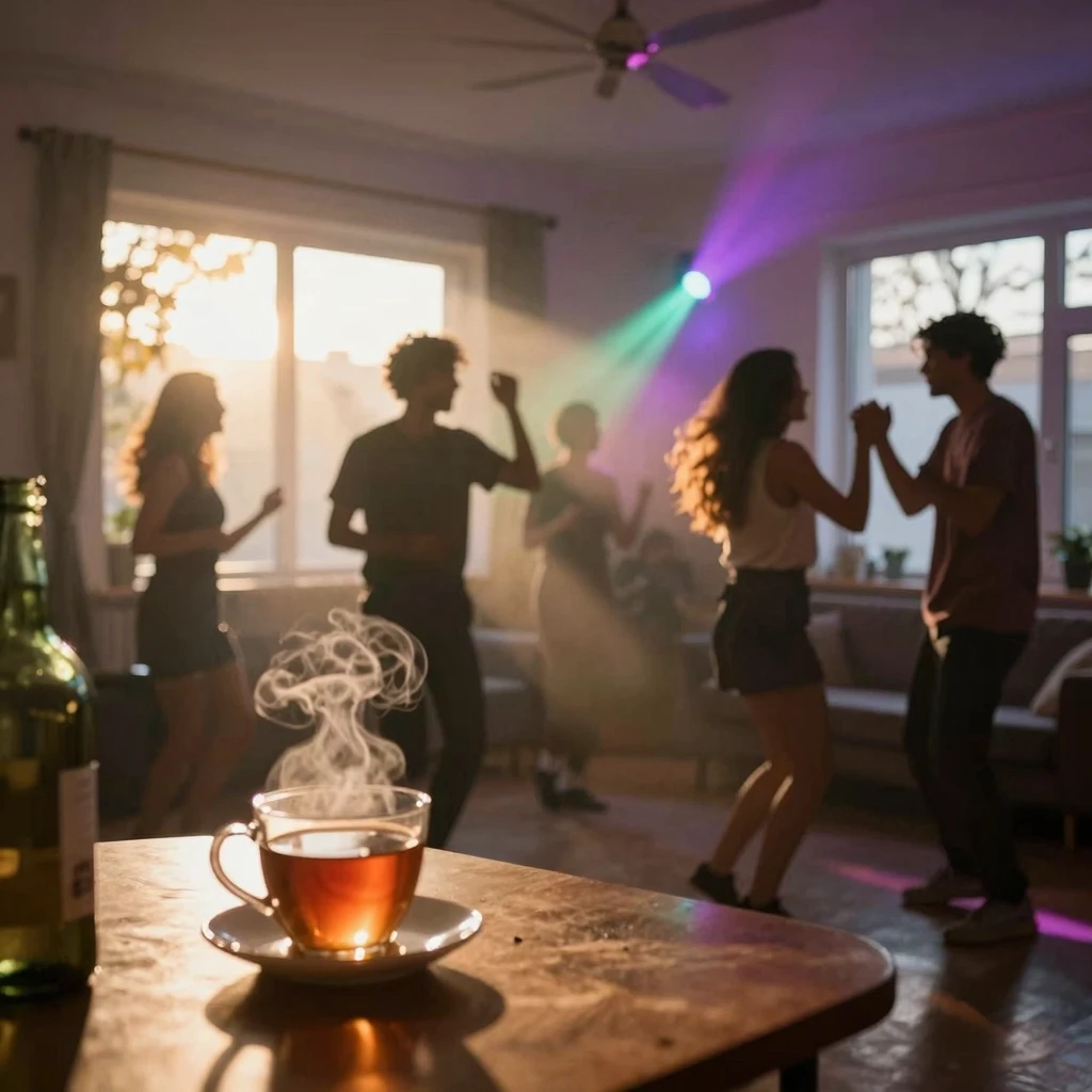 A vibrant morning party scene in a modern apartment, golden ...