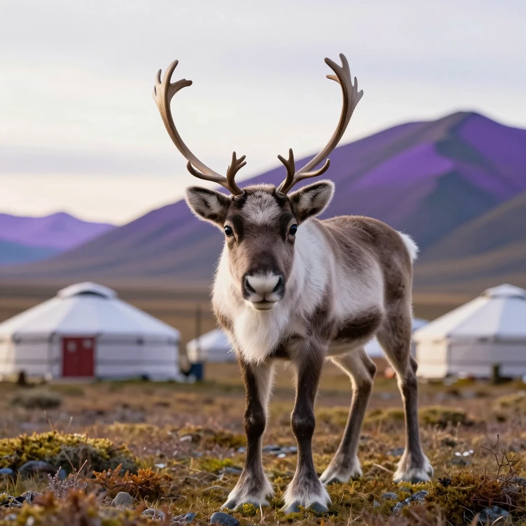 A small cute reindeer calf with big dark eyes and velvety bu...