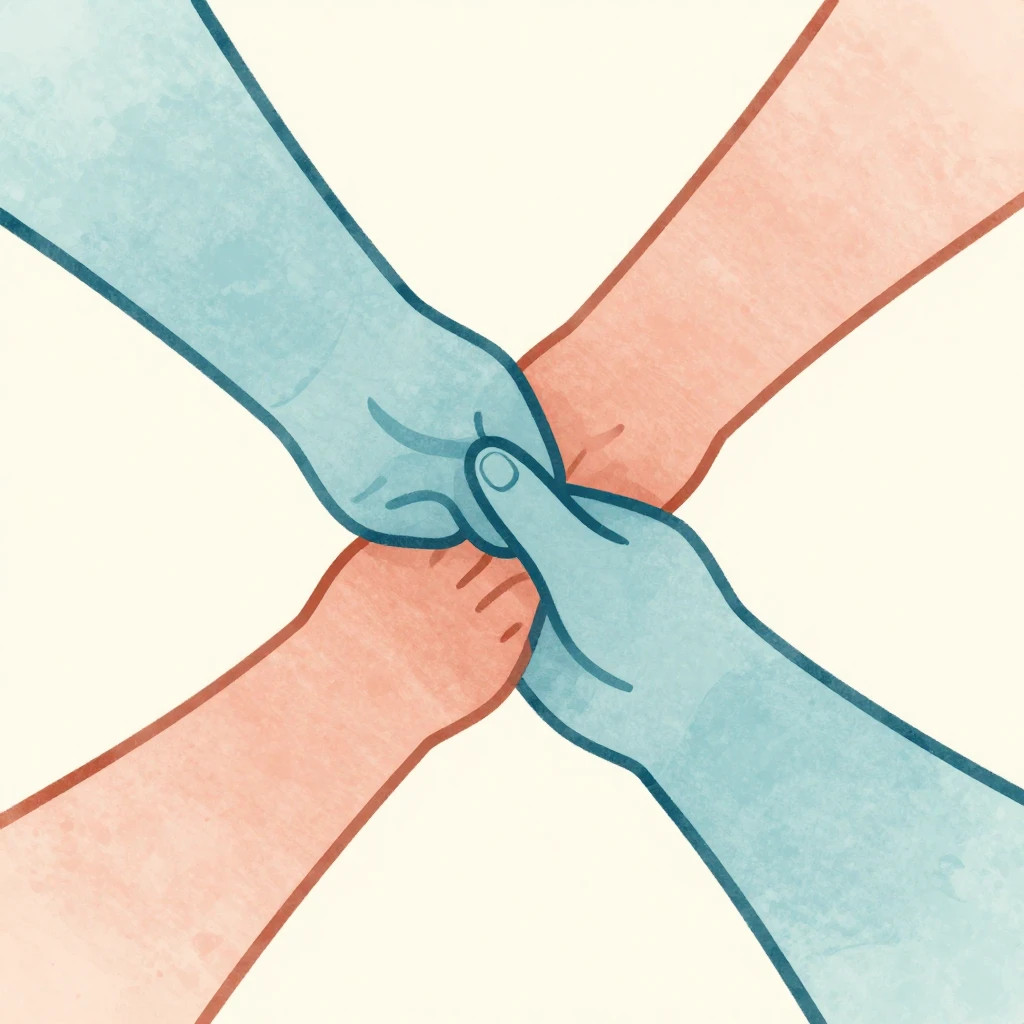 An abstract representation of two intertwined figures or han...