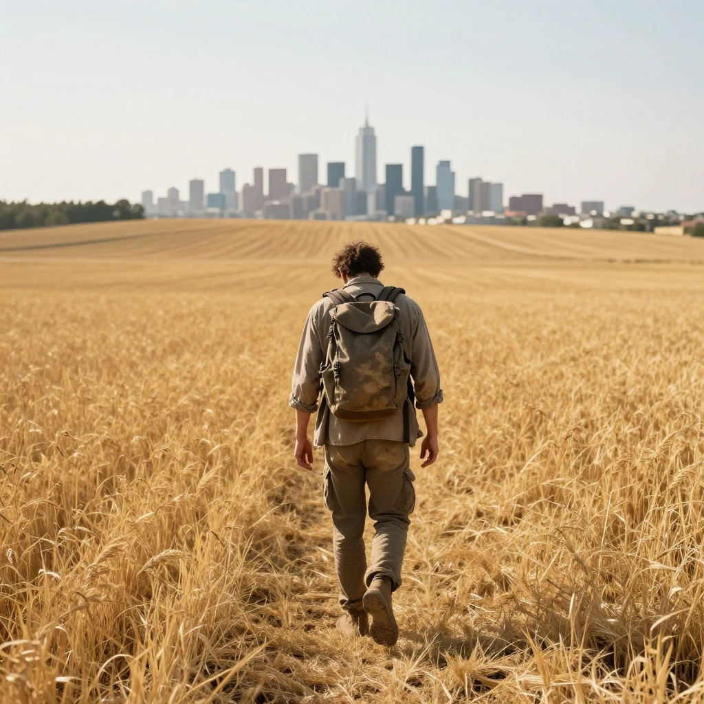 A weary traveler walking away from a distant city skyline, e...