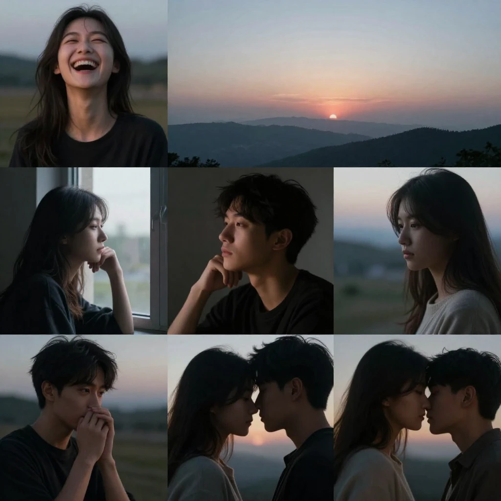 A collage of different emotional scenes, a person laughing j...