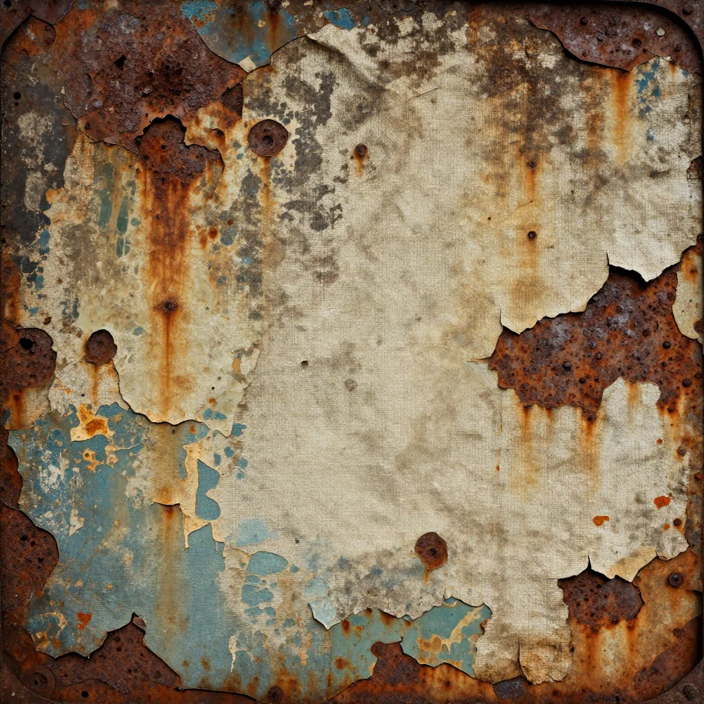 An image featuring heavily distressed textures, peeling pain...