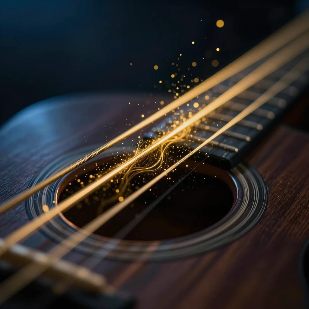 Macro close-up of a vibrating guitar string with golden ligh...