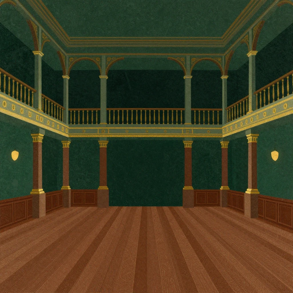 Artistic illustration of an elegant ballroom with stylized a...