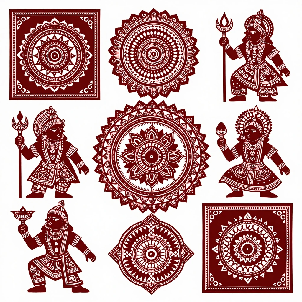 Artistic depiction of traditional Bengali cultural elements,...