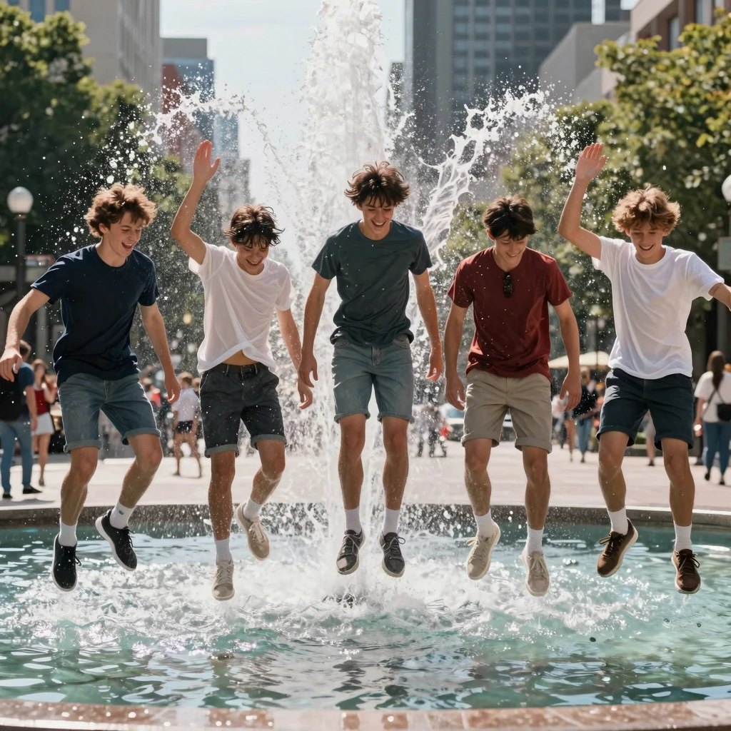 A group of teenage boys in casual summer clothes jumping int...