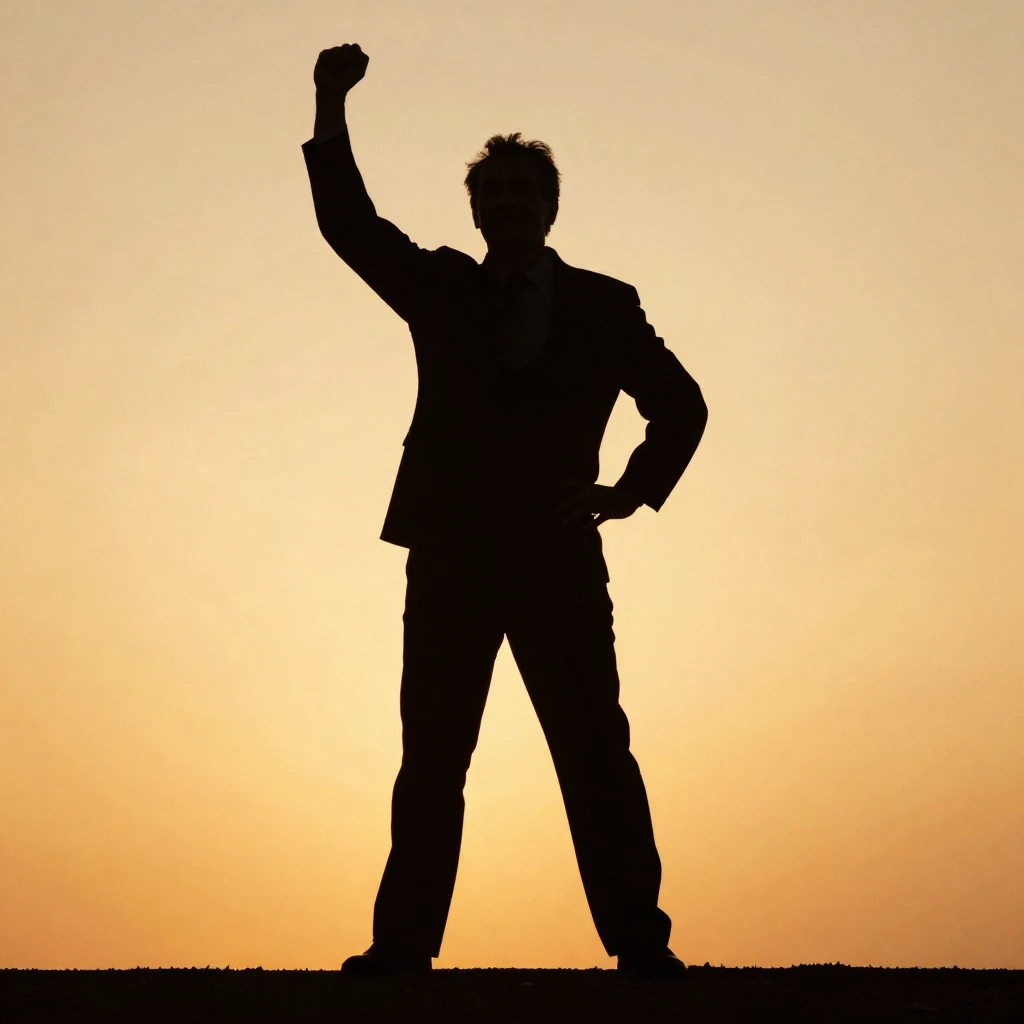 A stylized silhouette of a 50-year-old man standing proudly,...