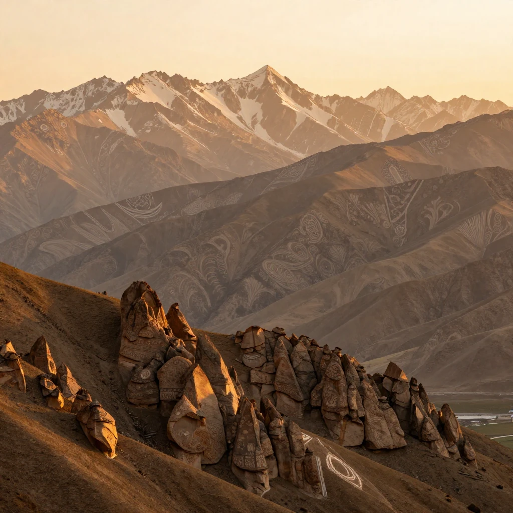 A panoramic landscape of Tajikistan mountains, with subtle t...