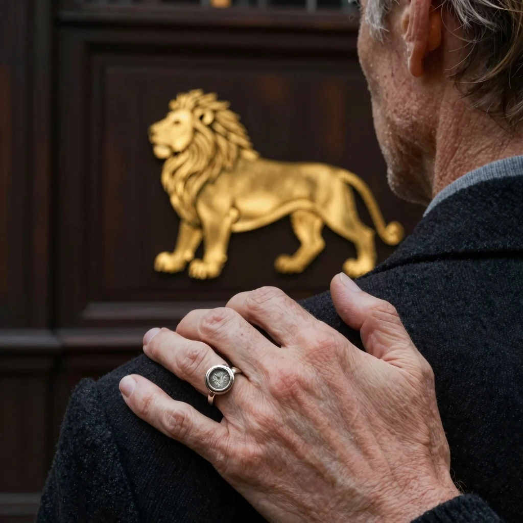 A close-up of an elderly man's hand with a signet ring resti...