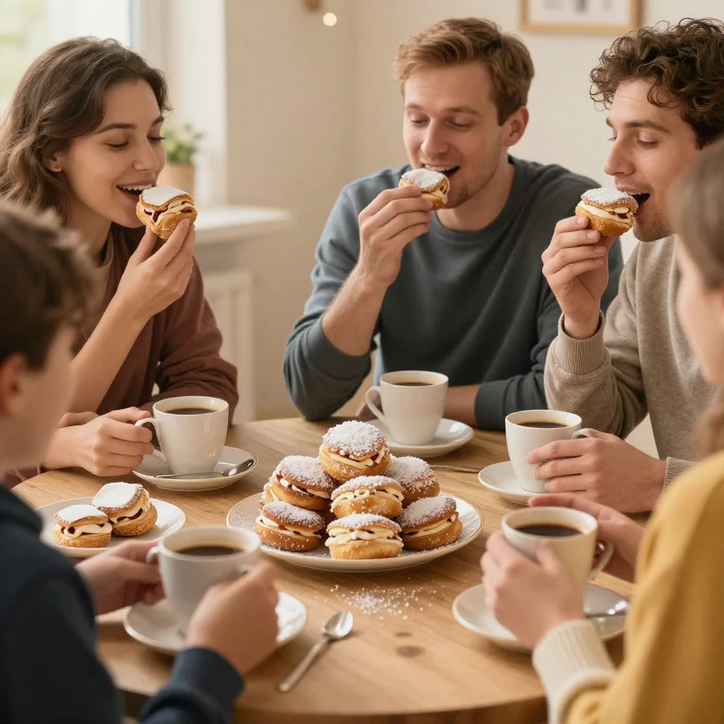 A cozy Shrove Tuesday celebration scene, with people happily...