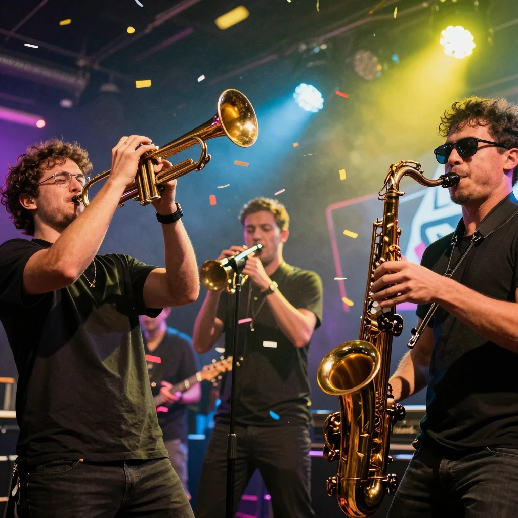 High energy live music performance, brass section with trump...