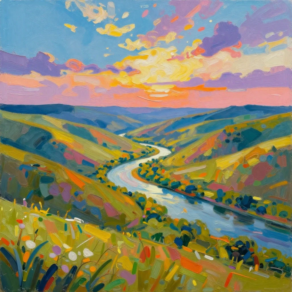 A vibrant and imaginative landscape scene, rendered in an ar...