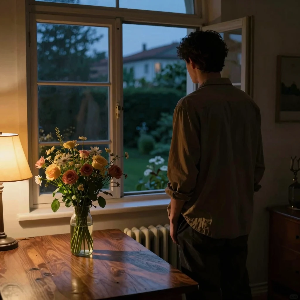 An apology scene of a man standing with his back to the view...