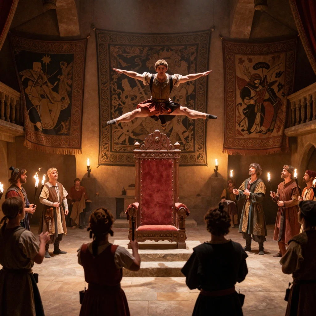 An artistic depiction of a medieval throne room, bustling wi...