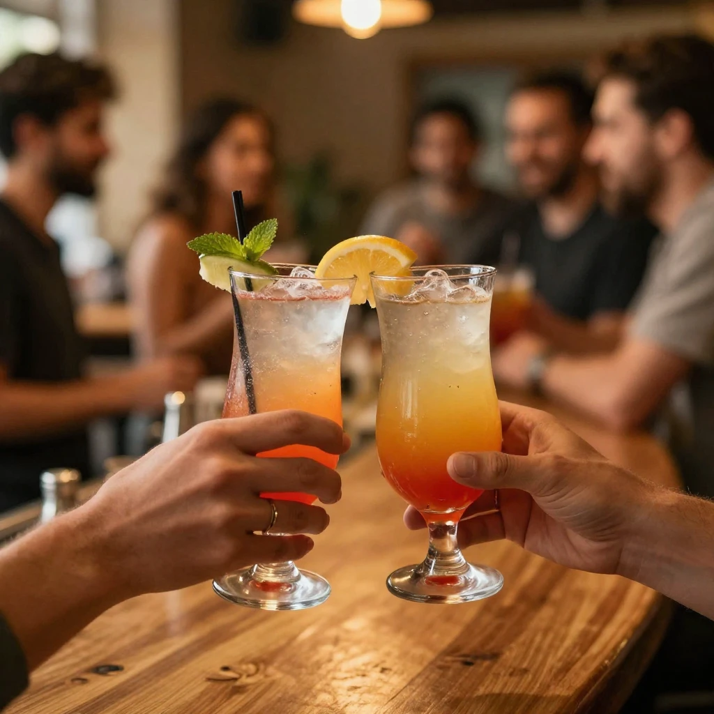 Two hands holding colorful cocktails, clinking glasses over ...