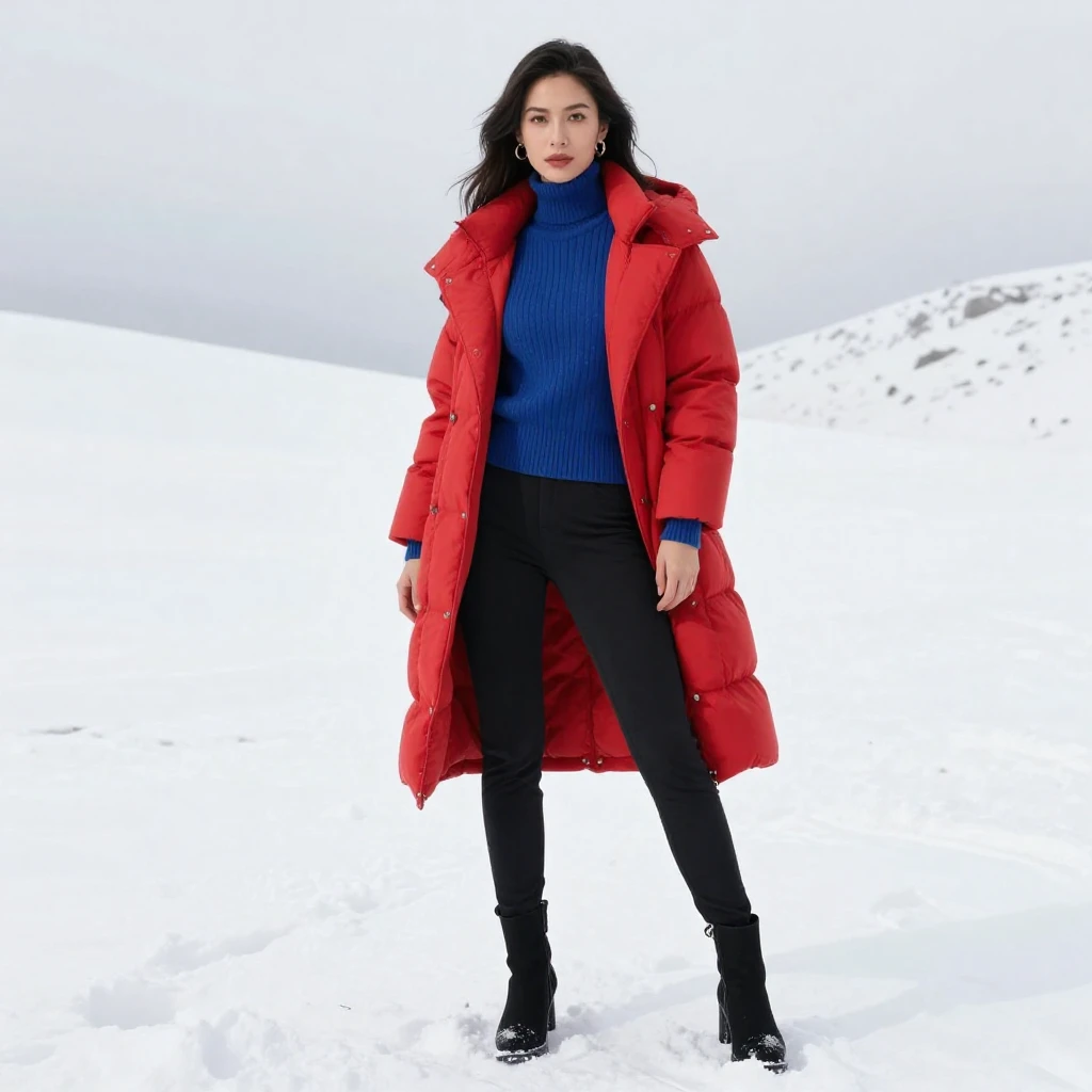 A stylish woman dressed in trendy, vibrant winter fashion, s...