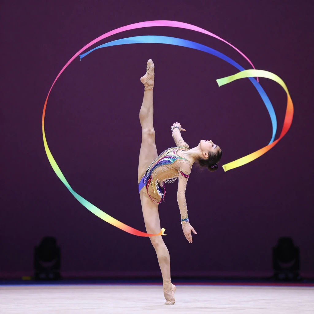 A graceful female rhythmic gymnast performing a dynamic pose...