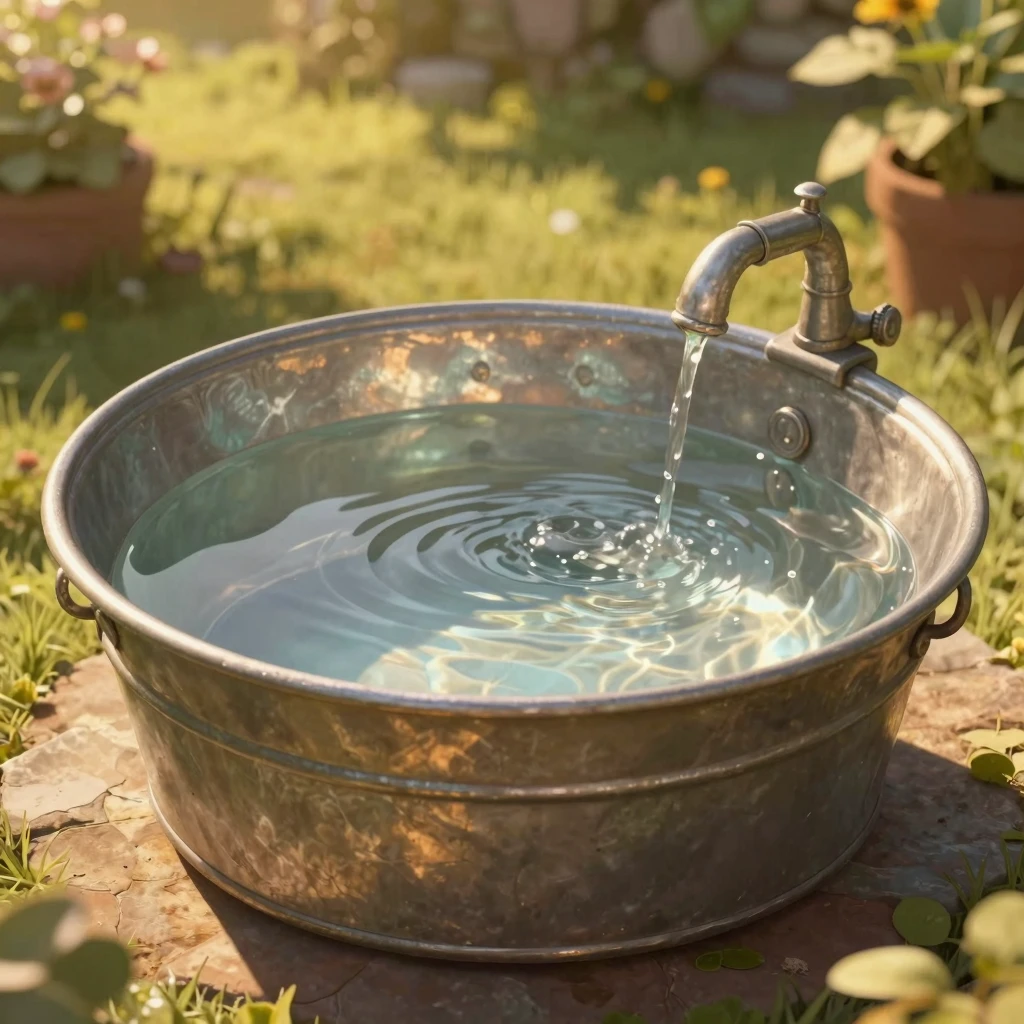 A beautiful vintage metal basin filled with clear water, pla...