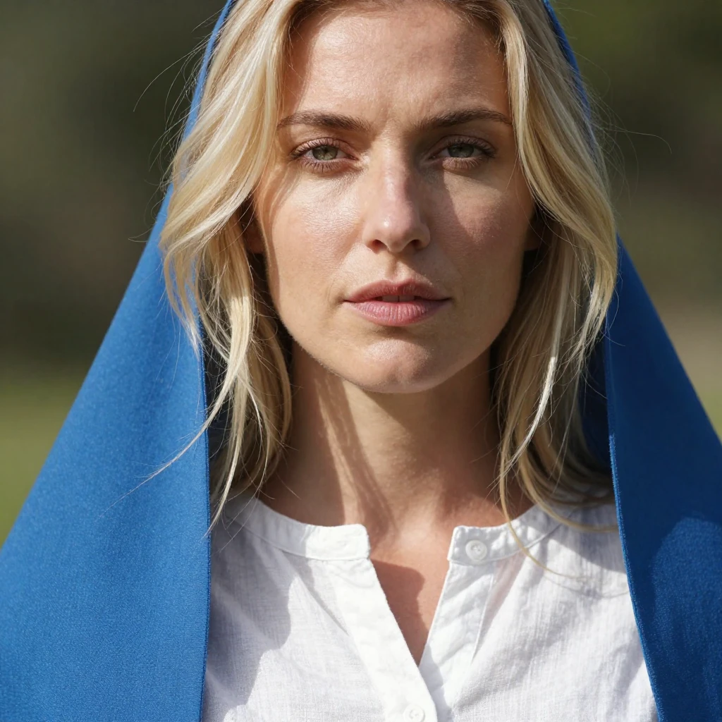 Close-up of a blonde woman's face, with a subtle white highl...