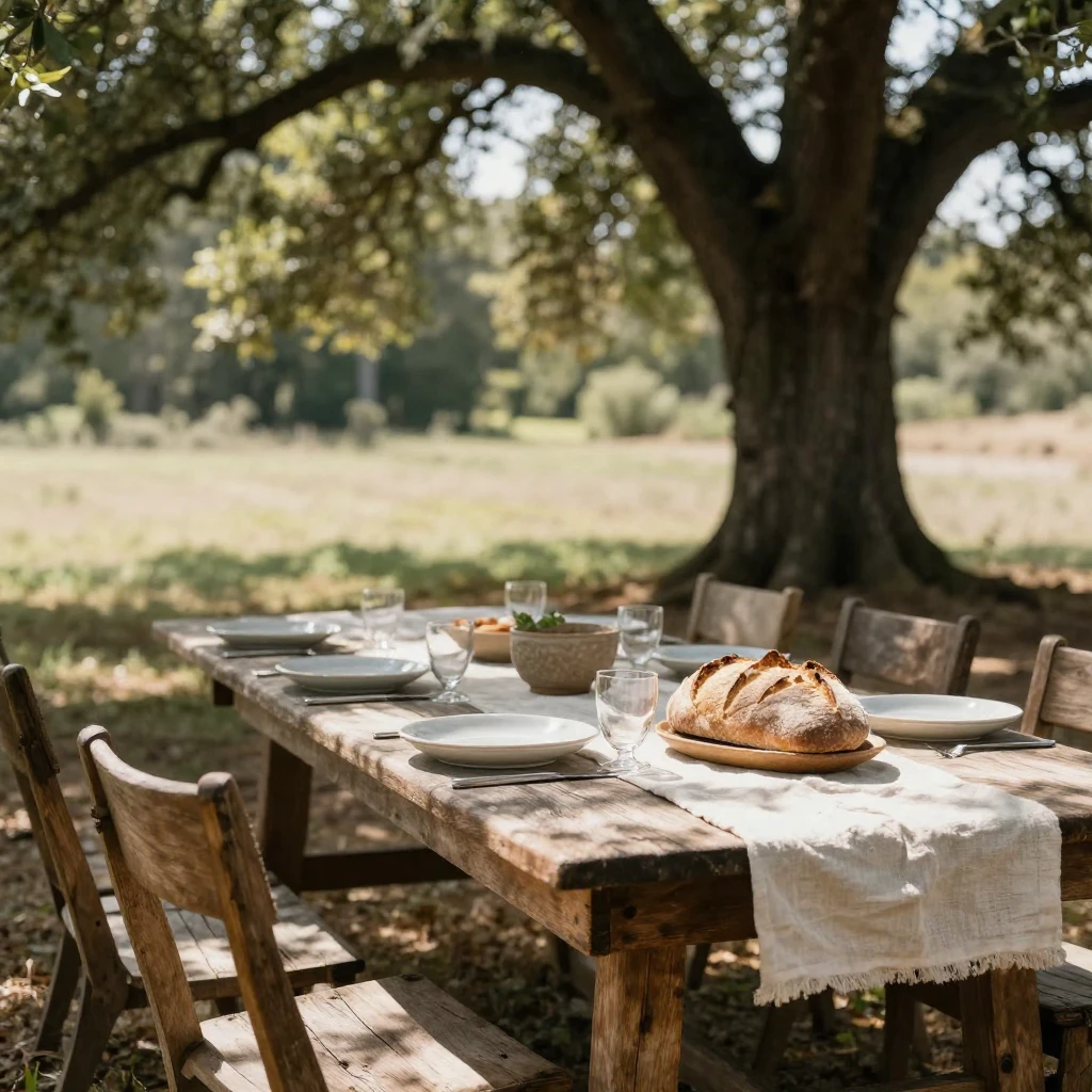 A long, weathered wooden table set for a peaceful gathering ...