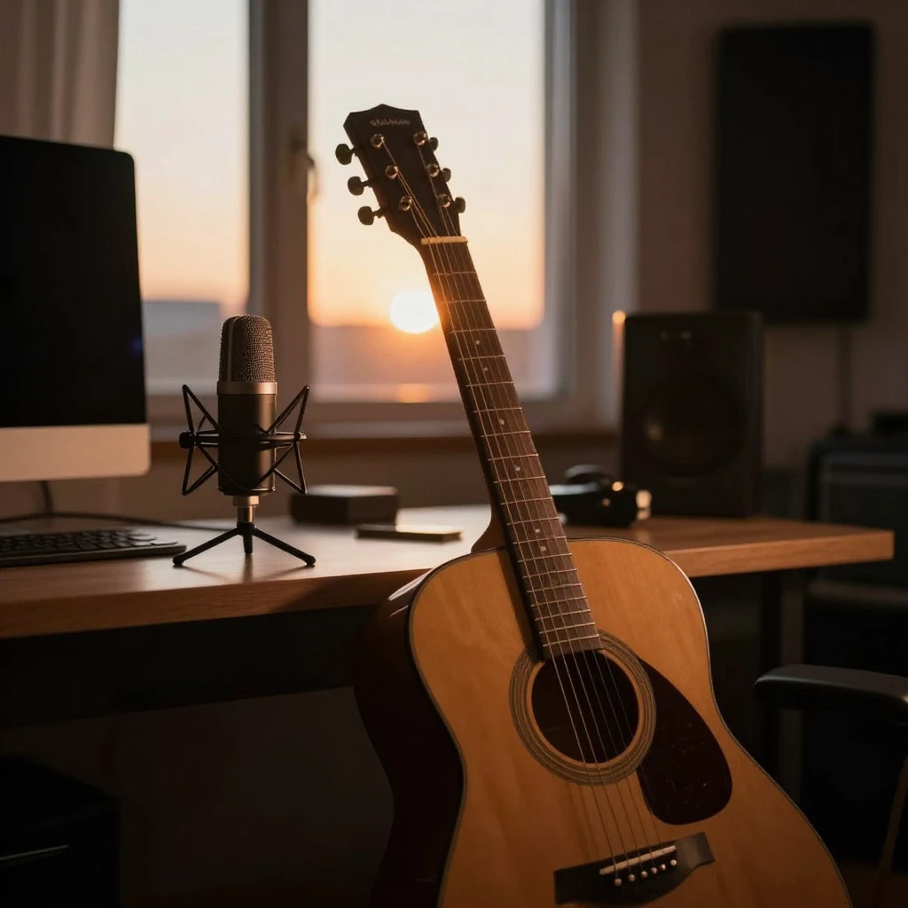 Guitar leaning against a desk with a microphone, cozy home s...