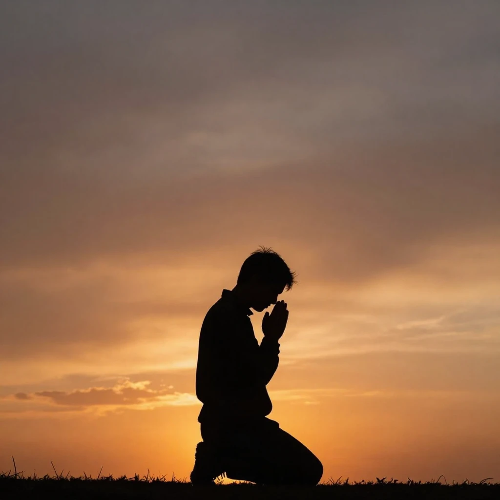 A solitary figure in silhouette, kneeling in prayer or deep ...