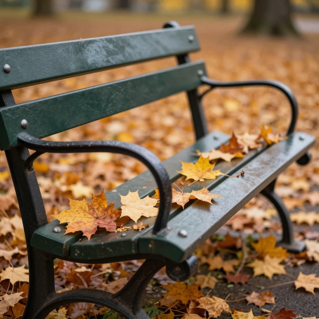 Close-up of a vintage park bench covered with fallen maple l...