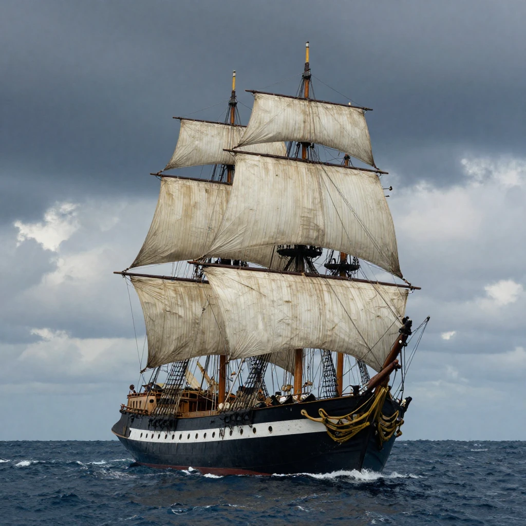 A majestic, weathered sailing ship on a vast ocean, under a ...
