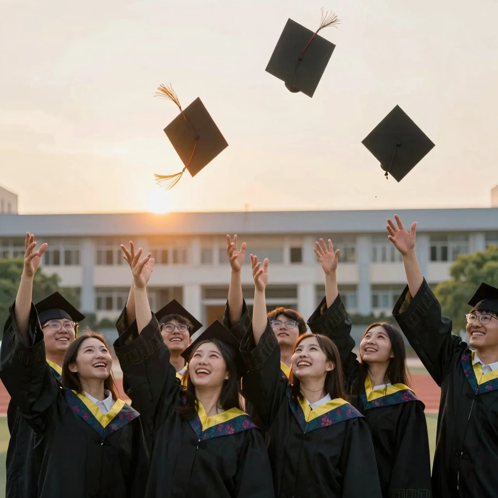 A group of happy students in graduation caps throwing them i...