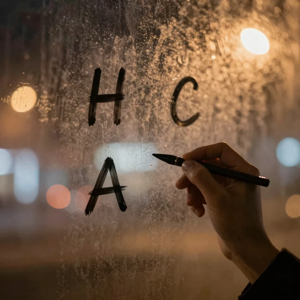 A close-up of a hand writing two sets of initials on a foggy...