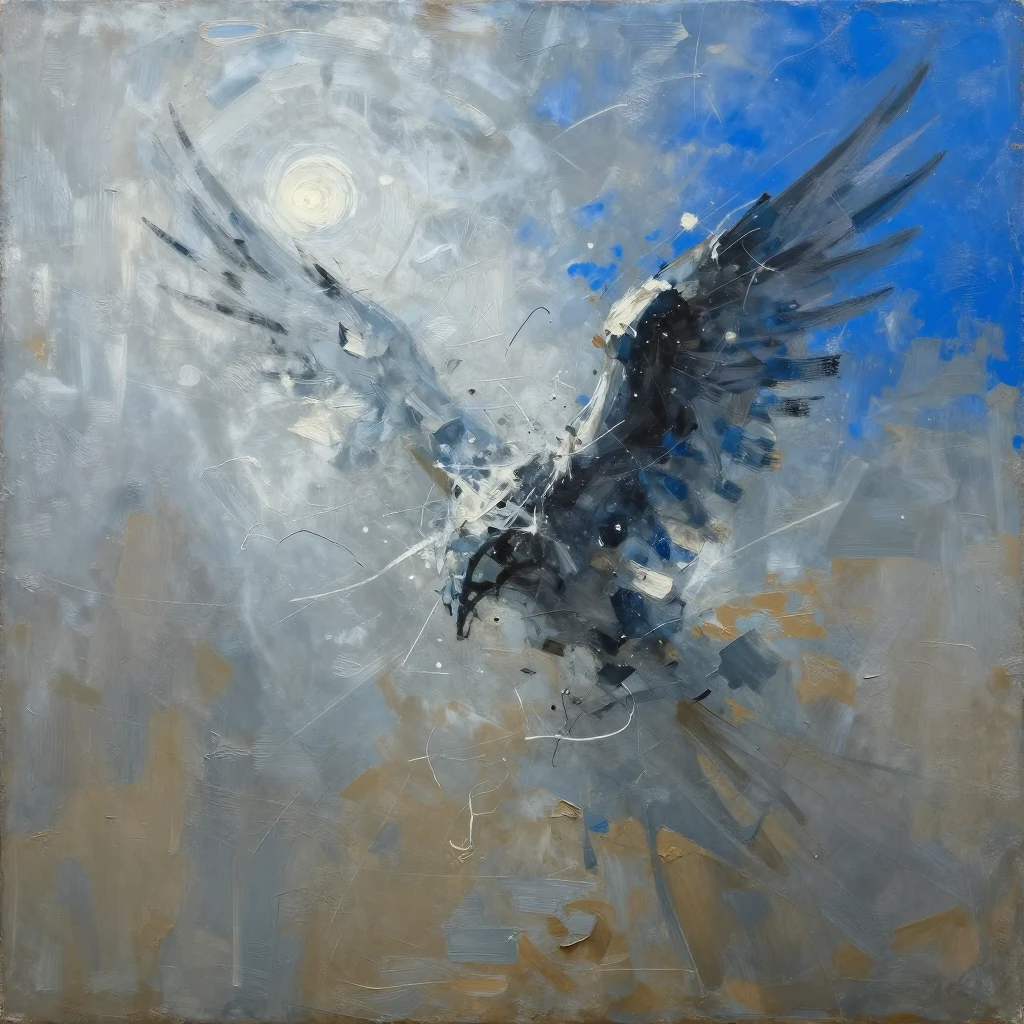 Abstract expressionism painting with heavy textured grey and...