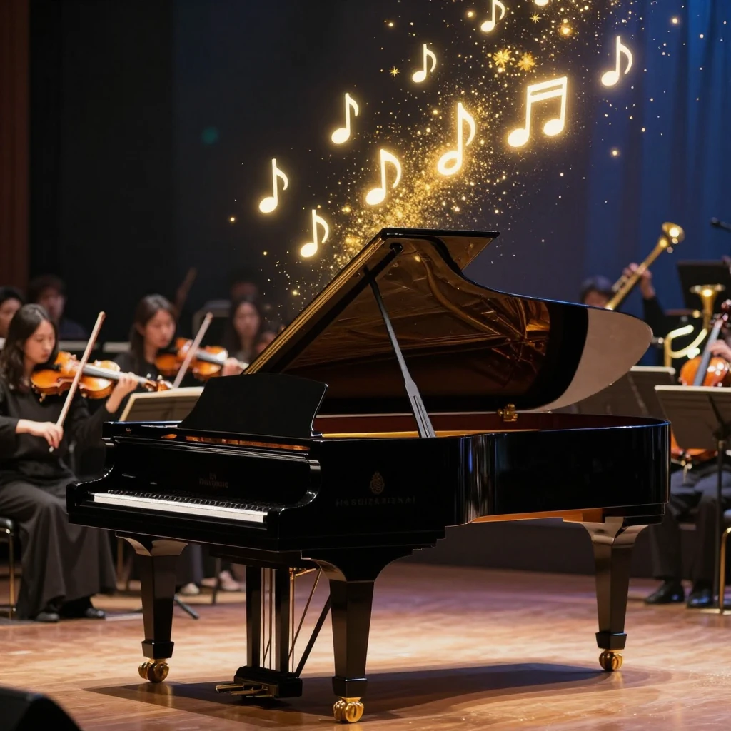 A grand piano on a stage with golden sparkles and glowing mu...