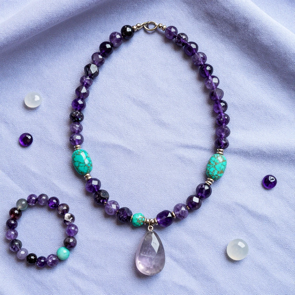 Flat lay of natural stones jewelry with amethyst, turquoise,...