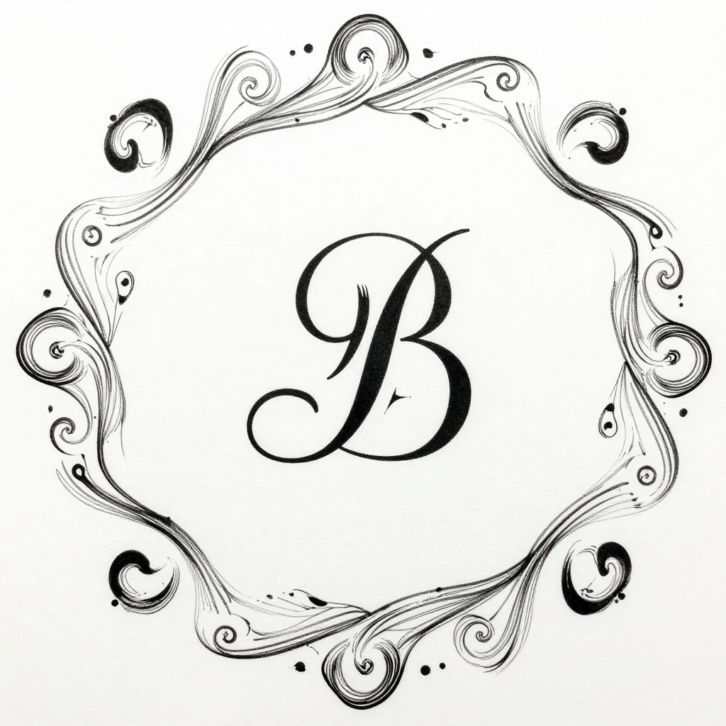 Black ink art on white paper, decorative swirls, elegant let...
