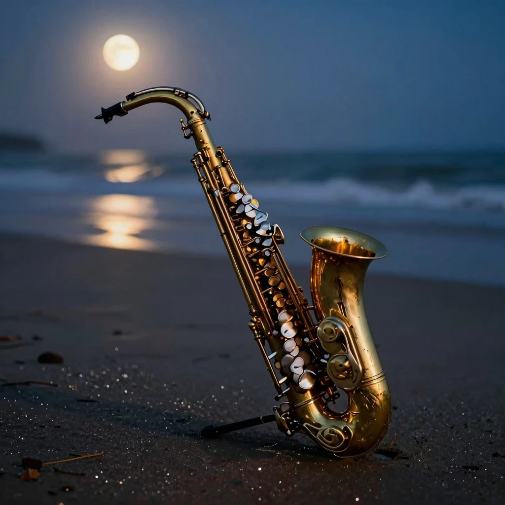 Golden saxophone lying on wet dark sandy beach at midnight, ...