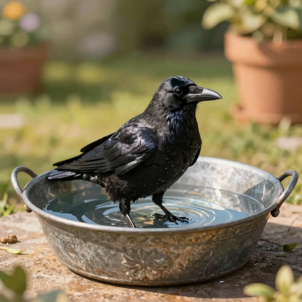 A clever black crow with glossy feathers bathing in a beauti...