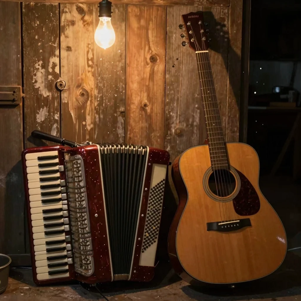 An old accordion and an acoustic guitar leaning against a we...