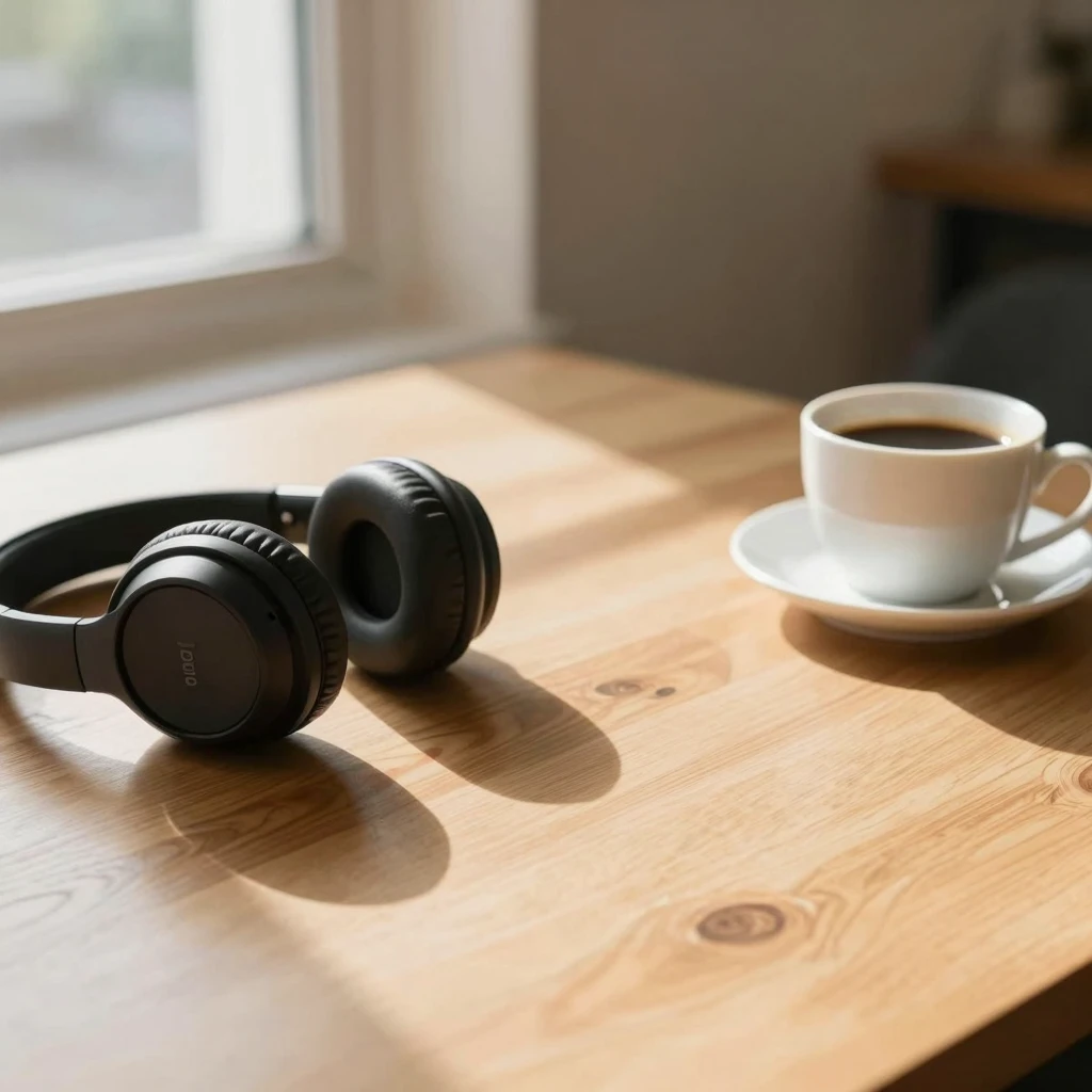 A pair of modern headphones lying on a wooden table next to ...