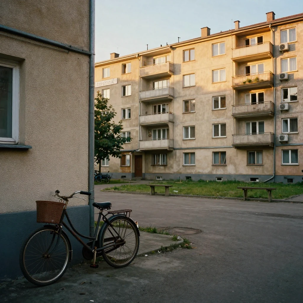 Cinematic wide shot of a 1970s socialist-era apartment block...