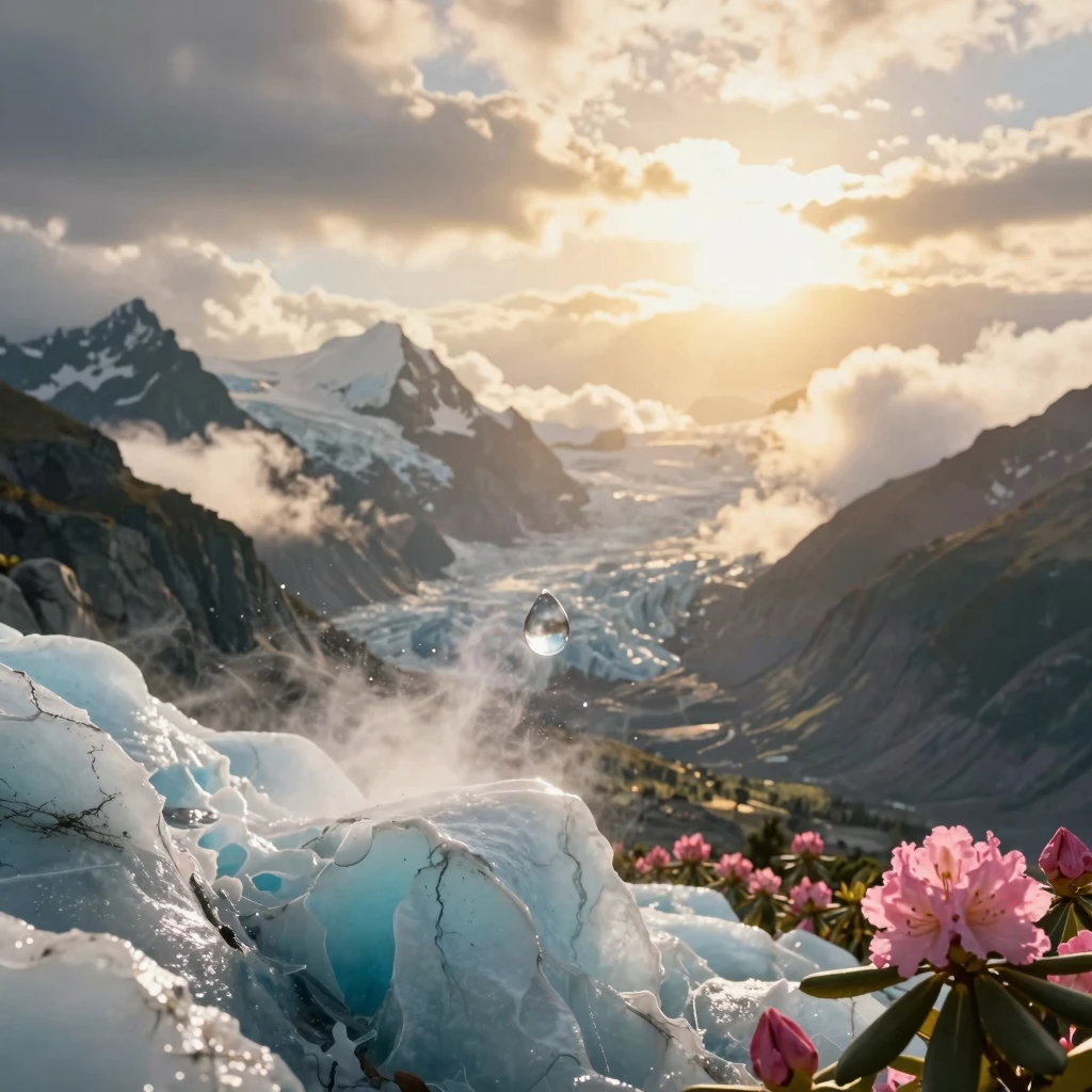 A breathtaking cinematic scene of a single, luminous water d...