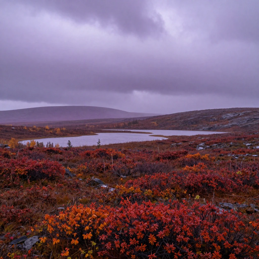 A wide-angle view of the Chukotka tundra in autumn, covered ...