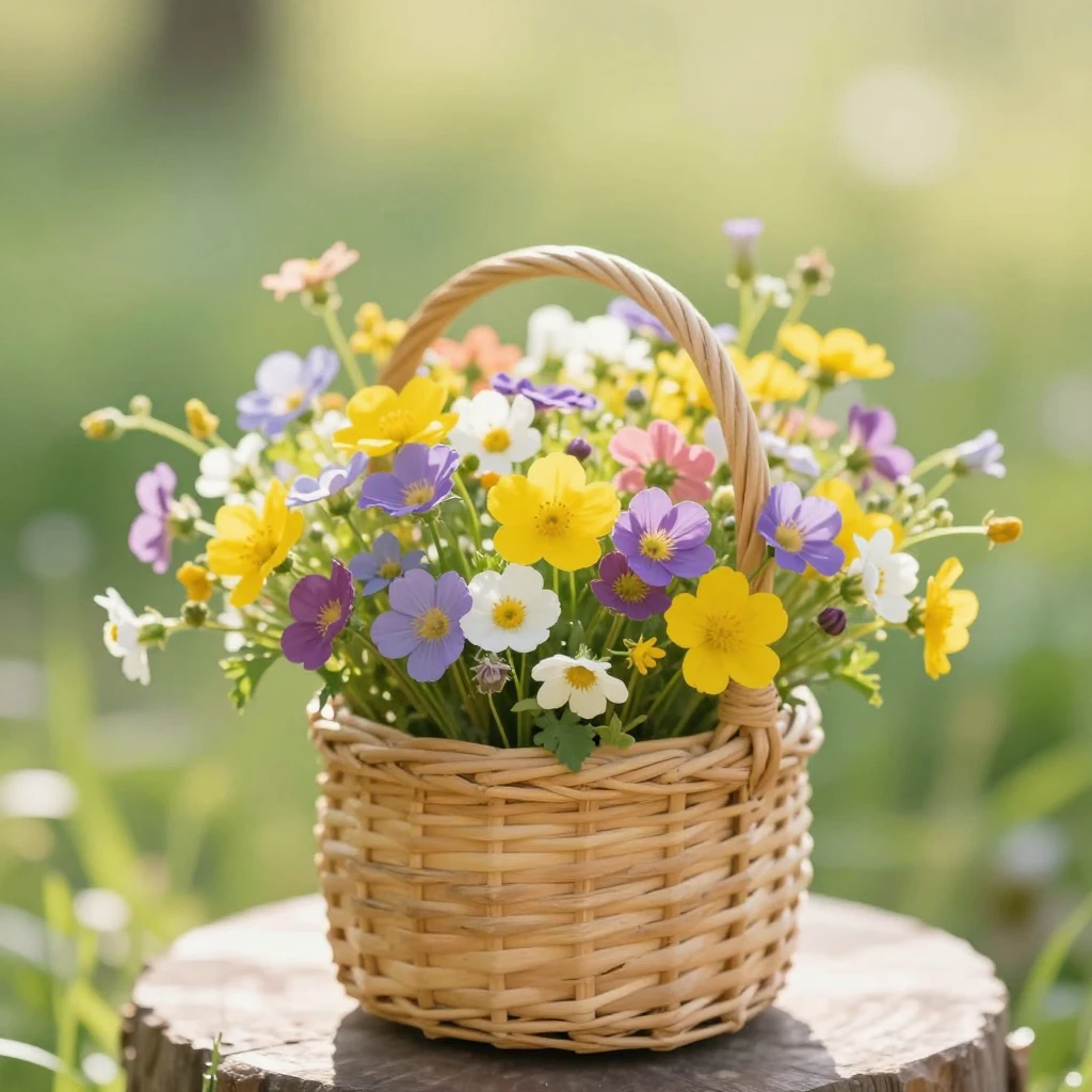 A small basket filled with bright wildflowers, soft sunlight...